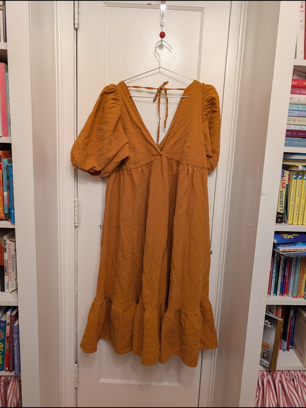 Linen Hackwith Design House Rust Orange Puff Sleeve Midi Dress with Deep V-Neck